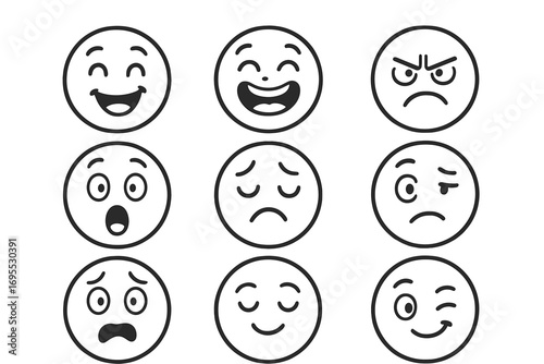 Set of cute cartoon emoticons with different facial expressions. Happy, sad, angry, laughing emotions. Emoji face icons collection for customer feedback or mood survey. Line art.