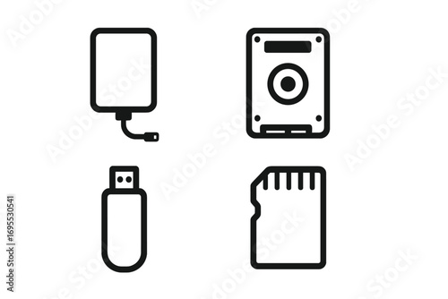 Data storage device line icon set. Minimalist vector graphic of computer hardware. External hard drive, hdd, usb flash drive, sd memory card symbols for UI UX interface.