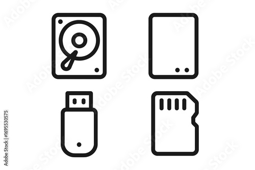 Minimalist storage device icons. HDD, hard drive, USB flash stick, SD memory card symbol. Data, information backup technology pictogram for web, app interface design.