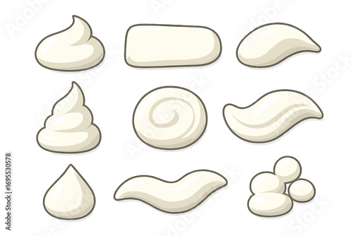 Set of white cream shapes. Vector collection of cosmetic lotion textures, dairy product dollops, and whipped foam swirls. Cartoon illustration for food or skincare design.