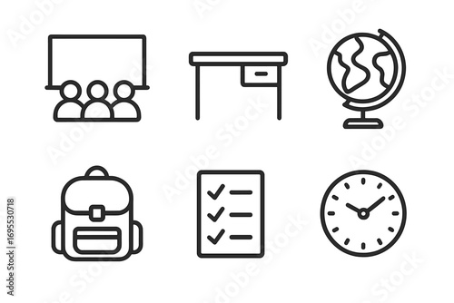 Education line icon set for school and study. Minimalist vector symbols: classroom, student desk, globe, backpack, checklist, clock. Outline illustration for academic concepts.