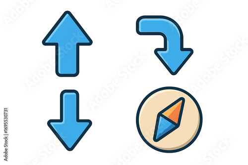 Navigation icon set with directional arrows and compass. Vector symbols for up, down, u-turn, direction, location, and guidance. Cartoon illustration for app and web UI.