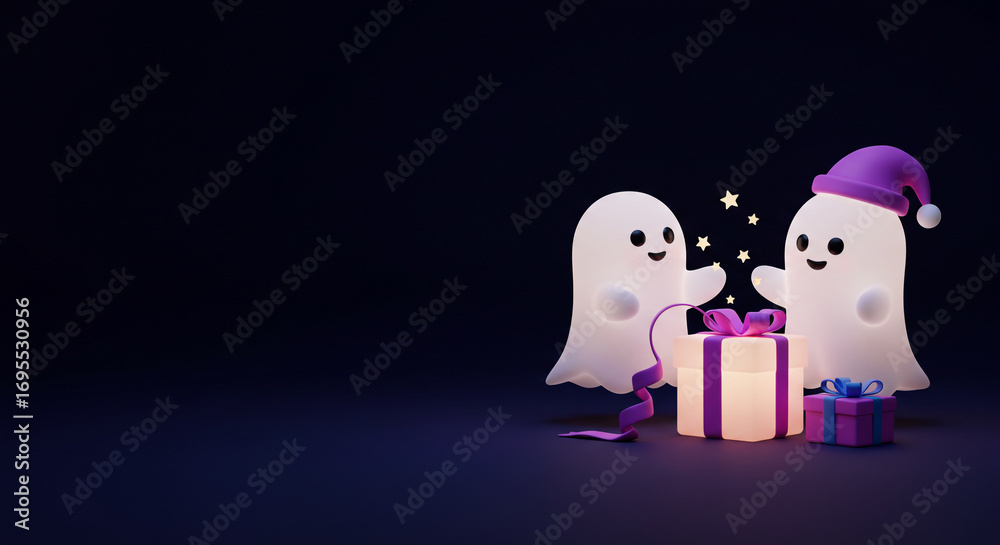 Fototapeta premium Two glowing ghosts packing a gift box with copy space on the left side. Ideal for Cyber Monday sales promotions, e commerce banners, website hero images