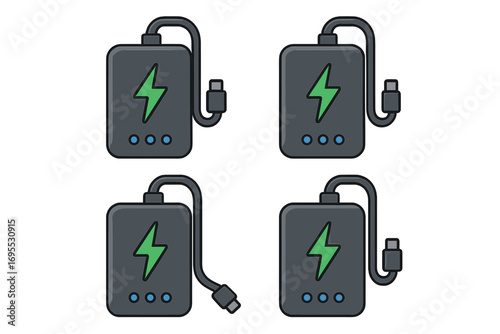 Power bank vector icon set. Portable charger with built-in USB cable. External battery pack with lightning symbol. Mobile device energy supply cartoon illustration.
