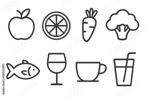 Food and drink line icon set. Minimalist symbols for healthy eating, diet, and nutrition. Vector icons of fruit, vegetable, fish, wine, and coffee for a grocery or restaurant menu.