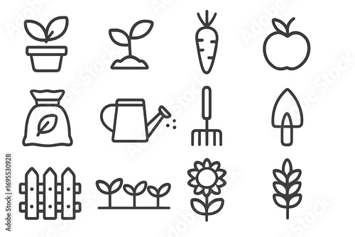 Garden and harvest icon set. Minimalist linear symbols for agriculture, farming, and planting. Vector illustration of tools, plants, food, and growth. Organic nature concept.