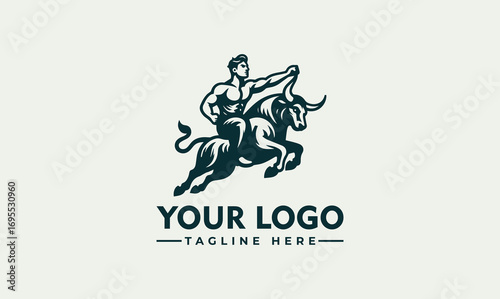Illustration of a muscular man riding a bull, holding its horn, with space for a logo and tagline.