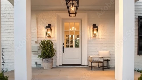 Elegant White Brick Home with Porch and Classic Lantern Lighting showcase