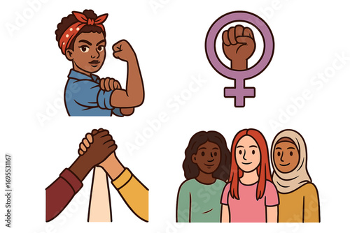 Feminist empowerment symbol collection. Women's rights movement, solidarity, diversity. We can do it pose, sisterhood handshake, protest fist, multiracial female group vector.