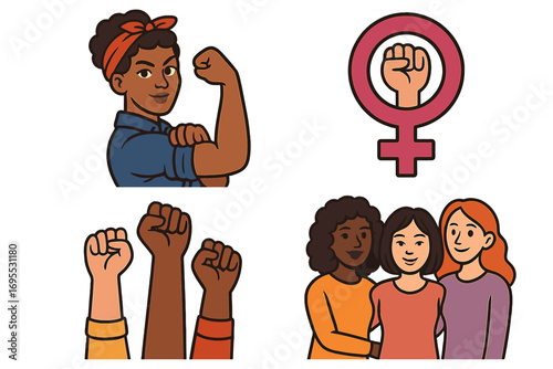 Feminism empowerment vector icon set. Women's rights, solidarity and girl power concept. Diverse community and modern feminist movement symbols. Rosie the Riveter cartoon.