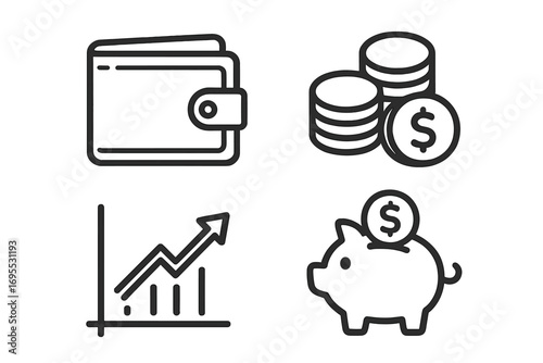 Finance icons set. Money savings and investment symbols. Wallet, coins, piggy bank and growth chart. Financial success, budget management, banking pictogram collection.