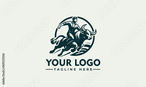 A stylized logo featuring a person riding a bull, conveying strength and action.