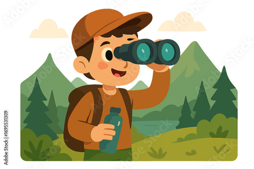 Boy explorer on a mountain hike looking through binoculars. Outdoor adventure and camping concept. Young traveler with backpack on a journey. Vector cartoon for discovery.