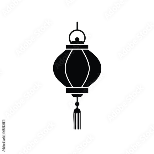 Black silhouette of a traditional Asian lantern with a tassel, often used for festivals and decoration, on a white background.