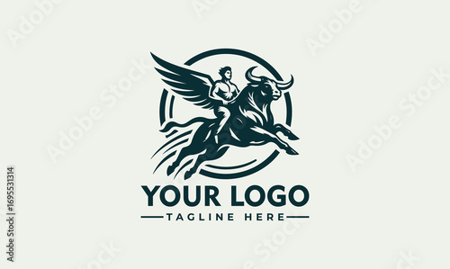 A winged woman rides a charging bull, encircled within a logo design.