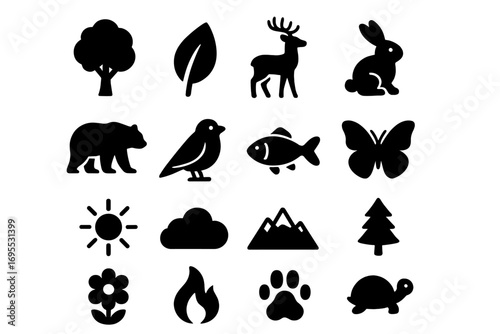 Nature and wildlife solid glyph icons collection. Forest animal and plant symbols. Bear, deer, rabbit, bird, fish, butterfly, turtle vector silhouette pictogram set. Outdoor life.