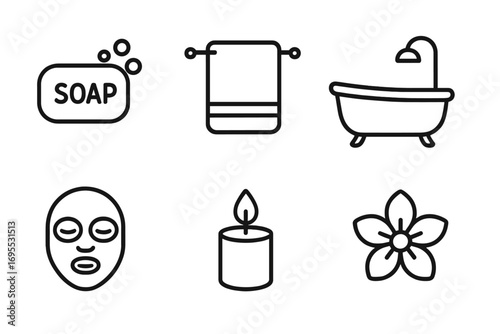 Minimalist line art bathroom and spa icons set including soap, towel, bathtub, face mask, candle, and flower vector illustration for wellness and hygiene concepts