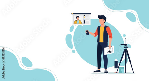 Creation Process Depicted: Graphic Designer with Spray Can, Tripod,and a Digital Design
