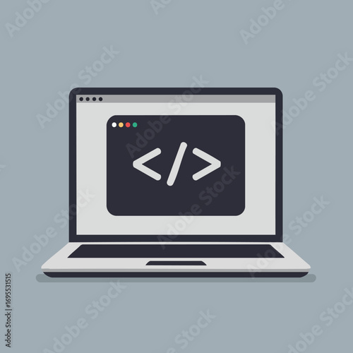 Laptop screen displaying code angle brackets.