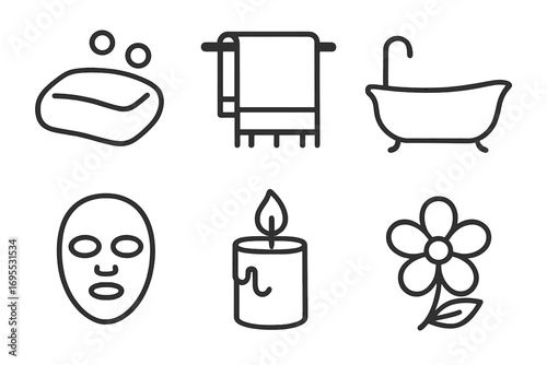 Minimalist line art bathroom and spa icons including soap, towel, vintage bathtub, facial mask, scented candle, and flower, vector cartoon illustration set for wellness and relaxation design