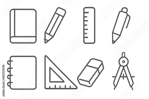 Minimalist line art school stationery icons set, vector cartoon illustration, drawing tools, notebooks, pencils, ruler, eraser, compass, office and study essentials, transparent background