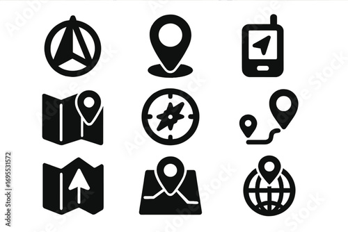 Navigation and location solid glyph icon set. GPS direction, route finding symbols. Map pin pointer, compass, destination sign, travel guide, and orientation elements.