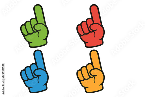 Number 1 fan foam finger vector set. Sports fan hand glove in different colors. Team support symbol. Cheering for victory at a game. Championship celebration concept icons.