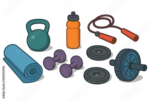 Fitness equipment and sport accessories for home workout. Vector cartoon set with dumbbell, kettlebell, jump rope, mat, ab wheel. Healthy lifestyle and gym training concept.