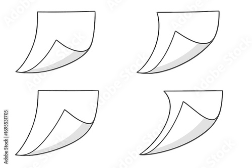 Set of vector paper pages turning. Cartoon illustration of sheet corners curling over. Blank document flipping animation sequence element. Isolated with transparent background.