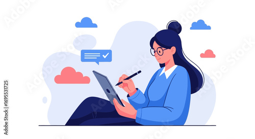 Creative Woman Employing Digital Tablet And Pen, Efficiently Working And Communicating