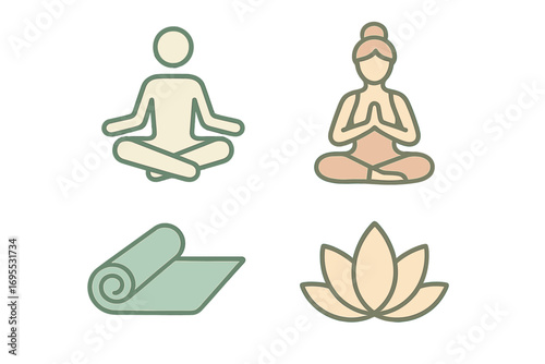 Minimalist yoga and meditation icons with pastel colors for wellness projects, vector cartoon illustration set with transparent background, relaxation, mindfulness, lotus flower, yoga mat