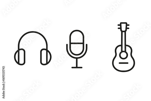 Minimalist music icons set featuring headphones, microphone, acoustic guitar, outline style vector, sound equipment symbols, audio device illustrations, transparent background stock graphic