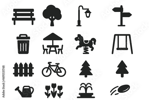 Park and outdoor solid icons set. Filled silhouette symbols for nature, recreation, and city life. Vector graphic collection of playground, garden, and public space elements.