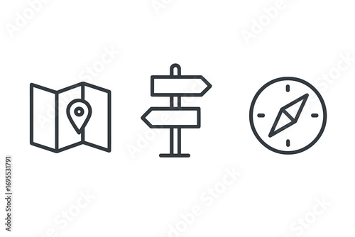 Minimalist navigation icons set with map location pin, directional signpost arrows, and compass dial symbols, vector cartoon illustration, transparent background, ordered design