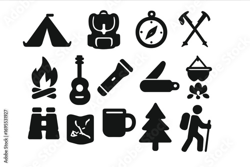 Outdoor adventure icons set camping essentials hiking symbols black silhouette vector cartoon illustration transparent background ordered collection survival equipment