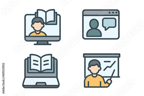 Minimalist digital learning and communication icons set, online education, e-learning, video call, virtual study, presentation, laptop with book, student avatar, modern vector illustration