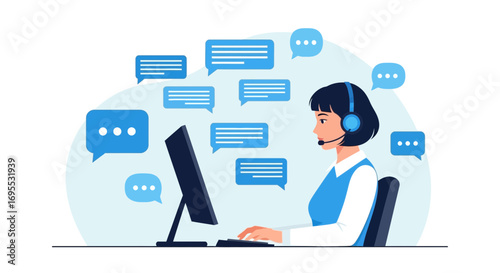 Customer Service Representative Working, Responding to Messages Using Computer and Headset
