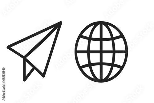 Paper plane icon and globe symbol vector set, linear style black outline, minimalist cartoon illustration, transparent background, travel, communication, worldwide connection, modern graphic design