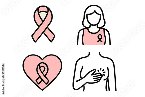 Breast cancer awareness month vector line icon set. Pink ribbon symbol for medical prevention campaign. Woman health, self exam check. Support hope and charity illustration.