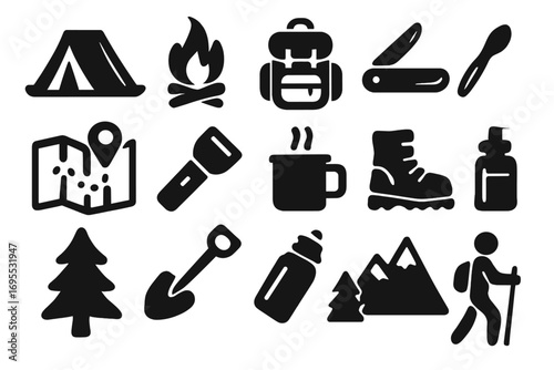 Outdoor adventure icons set with camping essentials and hiking symbols, black silhouette vector illustration, trekking gear, camping tools, mountain hiking equipment collection