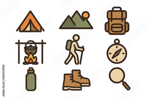 Minimalist outdoor adventure icons set with camping tent, hiking boots, mountain trail, backpack, compass, campfire cooking, water bottle, and magnifying glass vector cartoon illustration