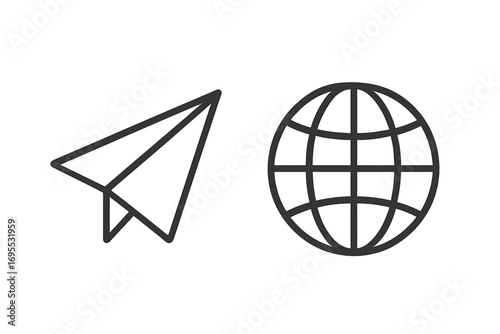 Paper plane icon and globe symbol set, linear vector illustration with transparent background, travel and global communication symbols, minimalist design, world connection concept