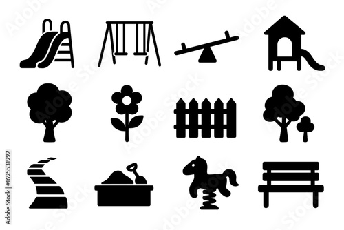Playground silhouette icon set. Park and garden graphic elements. Outdoor recreation symbols for kids. Vector illustration of slide, swing, sandbox, bench, and tree.