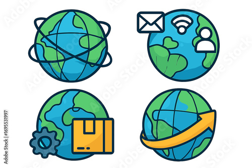 Vector icon set of globes for global business. Concepts of worldwide connectivity, digital communication, trade, logistics and shipping. Earth planet cartoon illustration.