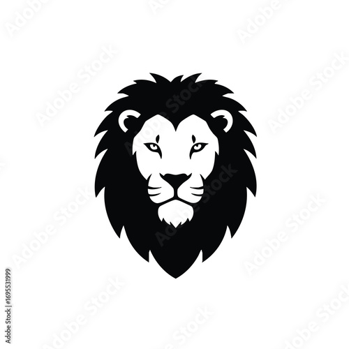Black and white stylized illustration of a lion's head, featuring a detailed mane and facial features.