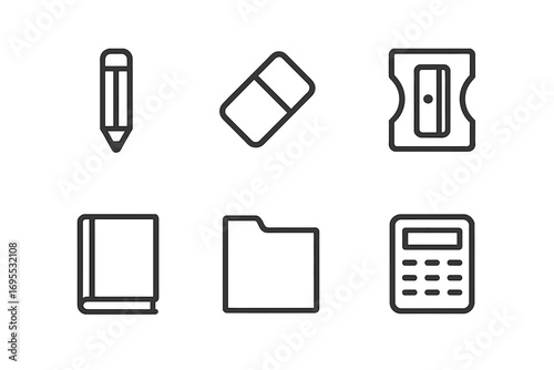 Minimalist linear school supplies icons set including pencil, eraser, sharpener, book, folder, calculator, vector cartoon illustration transparent background, education tools, stationery essentials