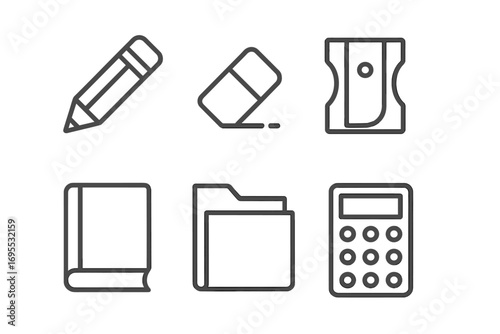 Minimalist school supplies icons pack with pencil, eraser, sharpener, book, folder, and calculator in simple linear design, vector cartoon illustration with transparent background