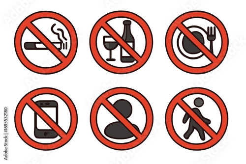 Set of prohibition signs. Vector cartoon forbidden symbol collection. No smoking, no alcohol, no food, no phone, no entry, no walking icons. Restriction warning safety signs.