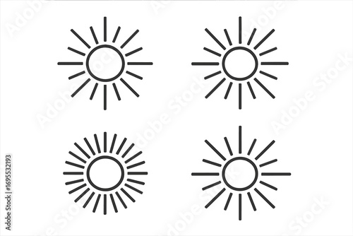 Flat style sun rays vector icons with transparent background, circular and linear sunburst design elements, minimalistic sunbeam shapes, set of four, graphic illustration for design