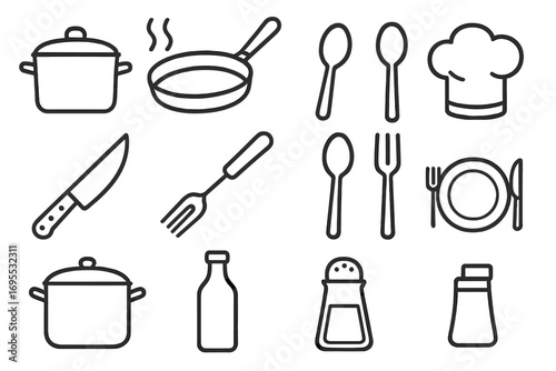 Cooking line icon set. Kitchen utensils, cookware symbols. Vector illustration for restaurant menu, recipe book. Pot, pan, chef hat, knife, fork, spoon, plate, salt shaker.